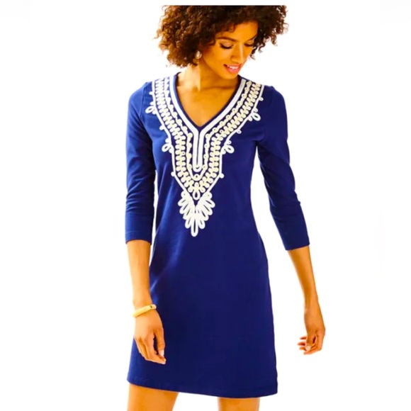 NWT 170.00 LILLY PULITZER CLARKSON V-NECK DRESS NAVY GOLD - Picture 1 of 10